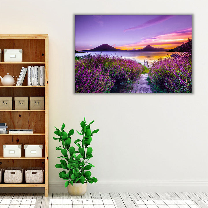 Neutral and purple wall art with scenic lakeside view