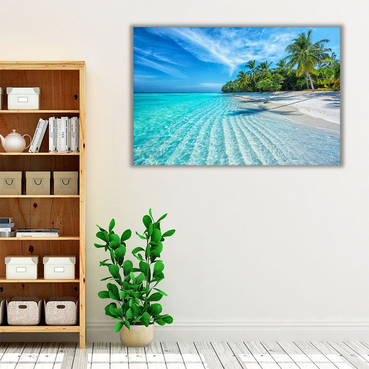 Neutral and blue ocean wall art with beach view