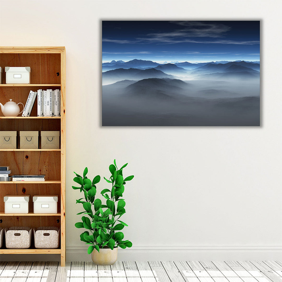 Peaceful living room wall art in blue and gray tones