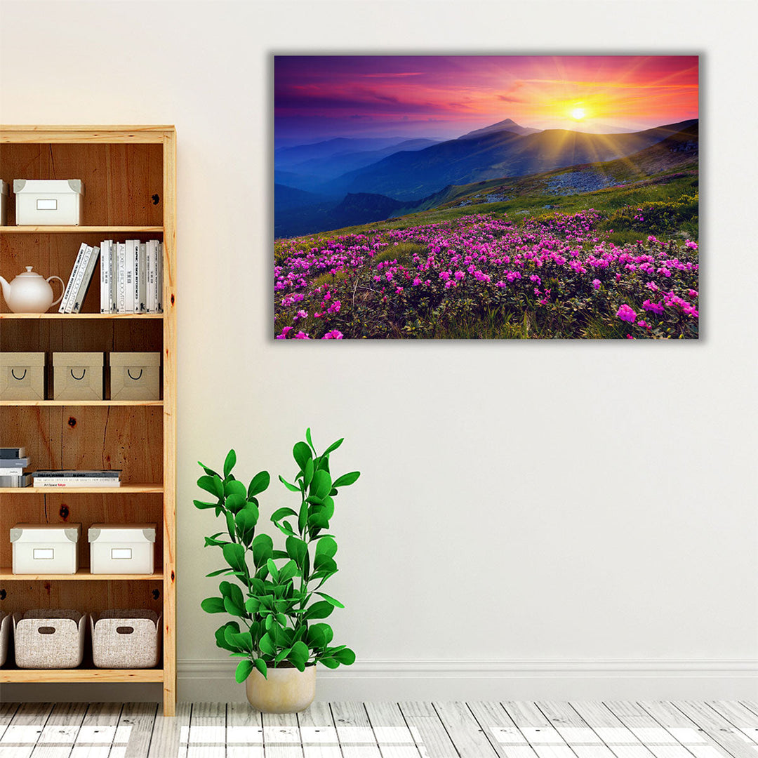 Purple bedroom decor photo print, soft mountain scenery