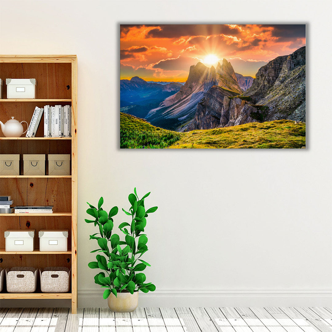 Gray green orange mountain wall art