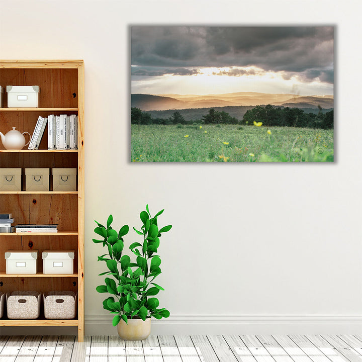 Green gray and neutral wall art with outdoor scene