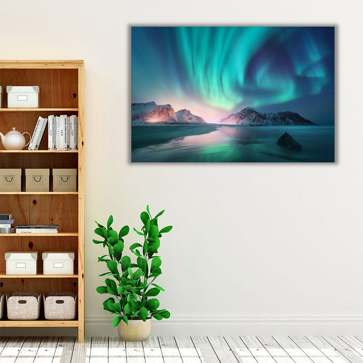 Winter Landscape With Aurora Borealis, Lofoten Islands - Canvas Print Wall Art