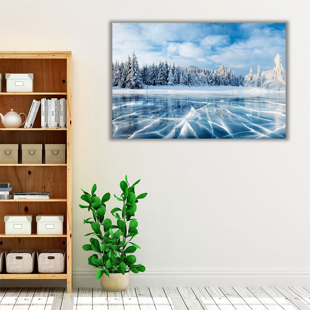 A Frozen Lake, Hills of Pines, Carpathian, Europe - Canvas Print Wall Art
