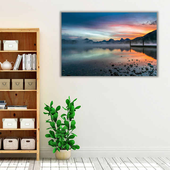 Blue and neutral wall art with scenic mountain scene