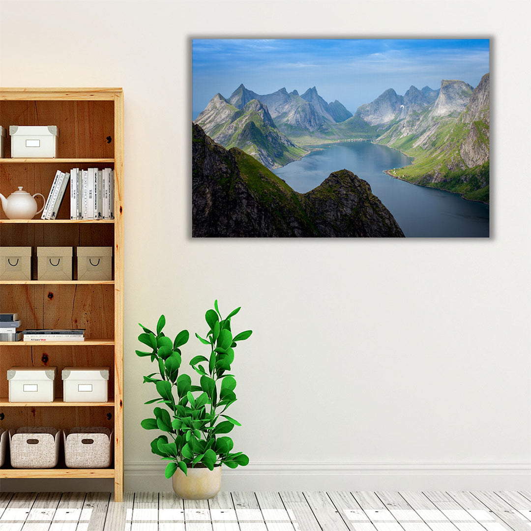 Blue and neutral wall art with river valley view