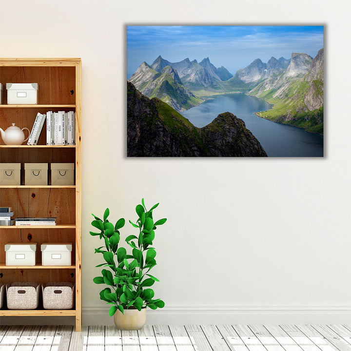 Blue and neutral wall art with river valley view