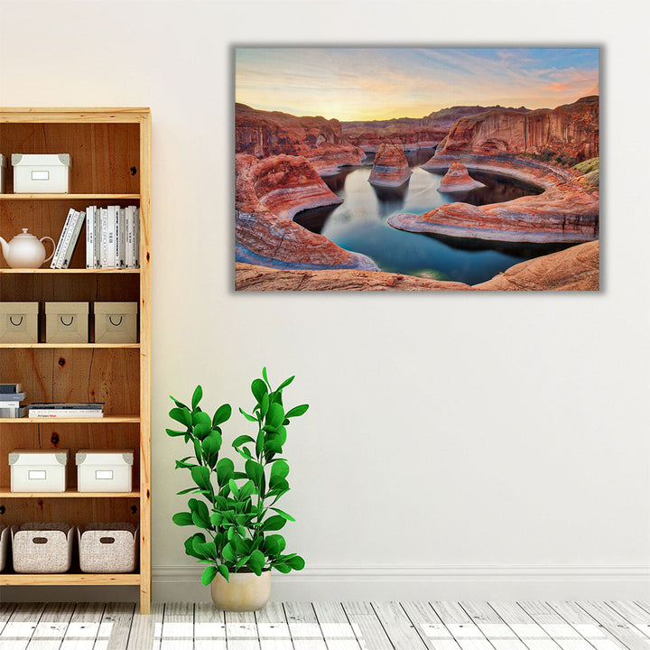 Blue and neutral wall art with scenic canyon lake