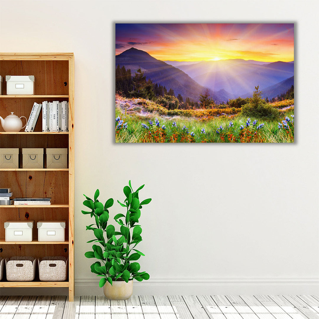 Purple yellow and green sunrise wall art with scenic view