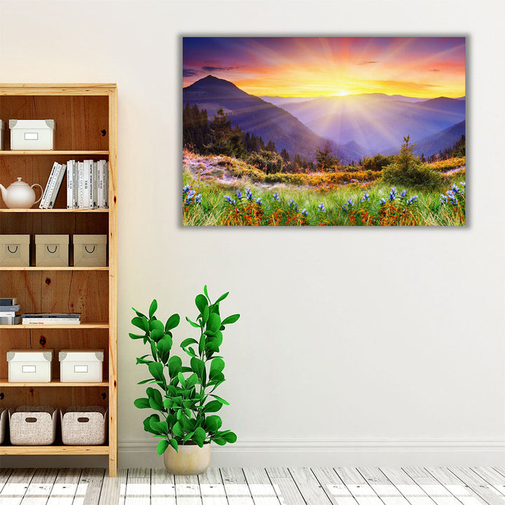 Purple yellow and green sunrise wall art with scenic view
