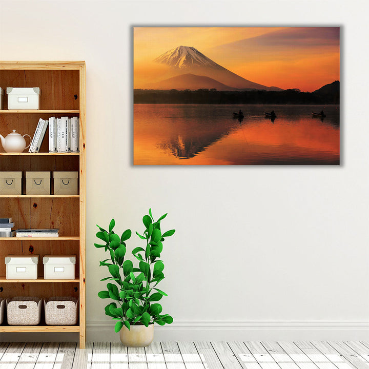 Brown and orange living room wall art, framed mountain photo