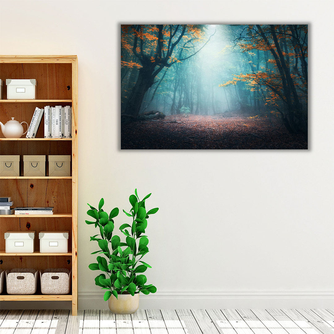 Mystical Forest in Blue Fog in Autumn - Canvas Print Wall Art