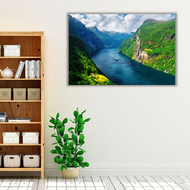 Sunnylvsfjorden Fjord, Seven Sisters Waterfalls, Norway - Canvas Print Wall Art