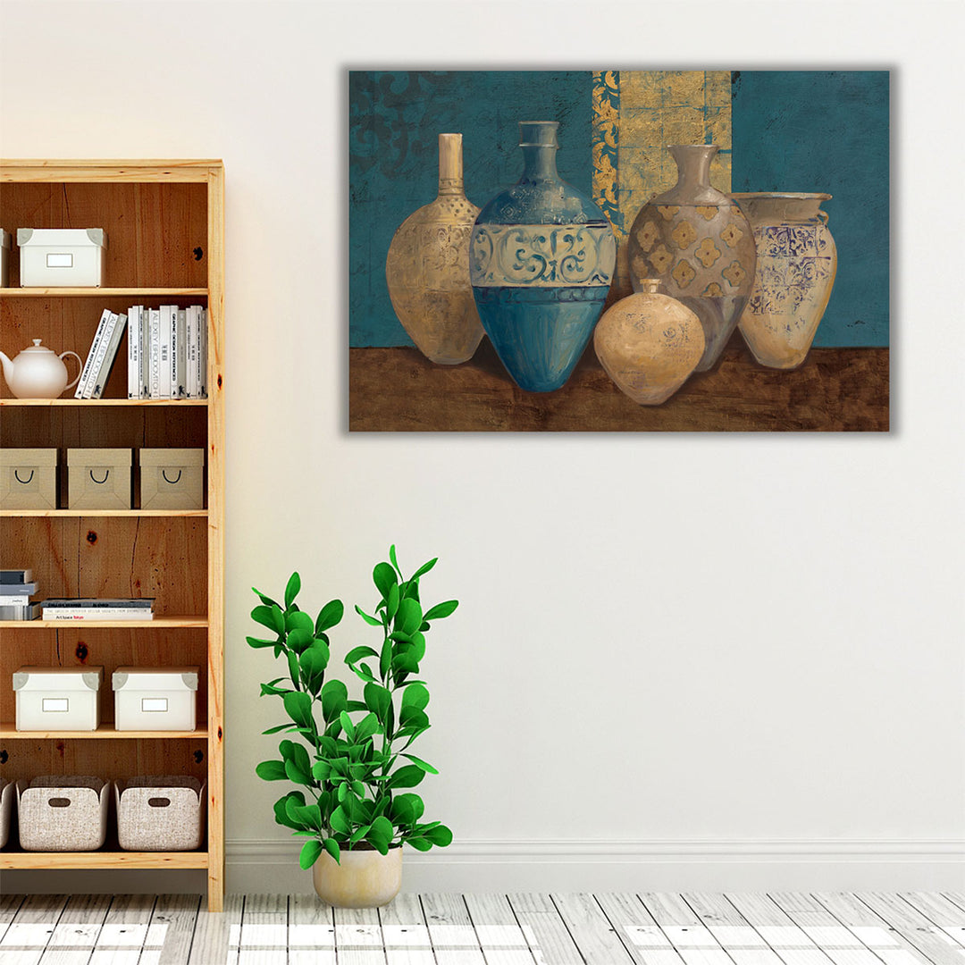 brown and blue kitchen art – sleek vase outlines