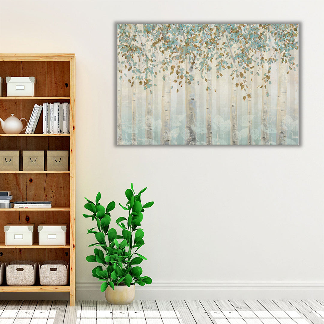 Neutral hallway decor with abstract forest art