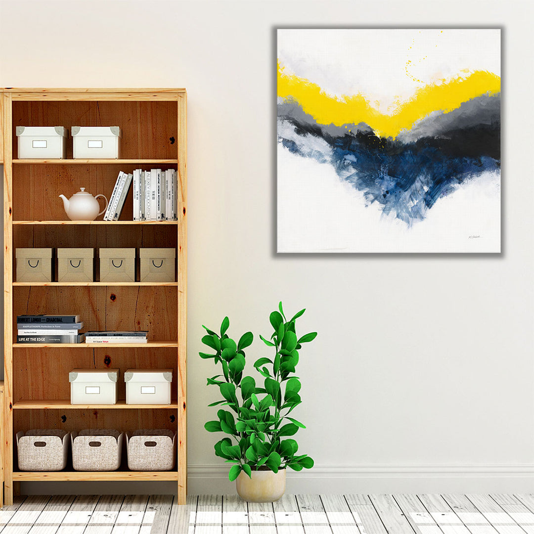yellow accent abstract hallway artwork