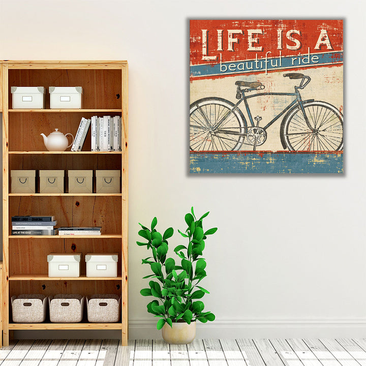 Red and blue framed canvas art