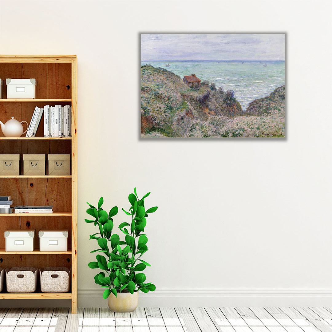 Neutral blue seascape wall art with mountains