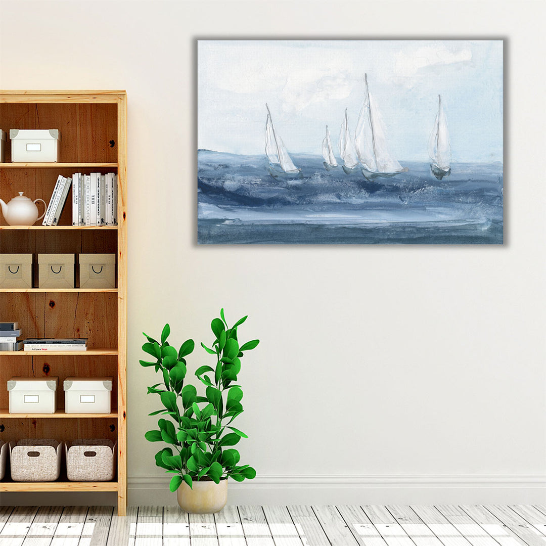 Neutral blue coastal sailboat wall decor