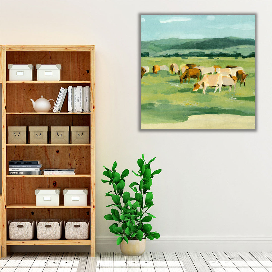 Green and blue rural landscape painting