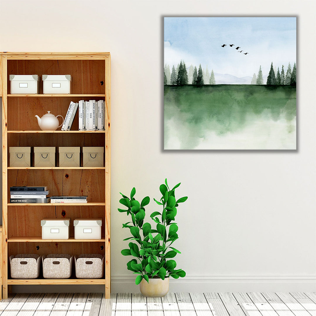 Watercolor painting of trees and landscape