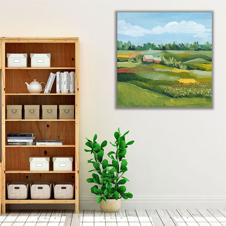 Green and blue wall art with country farmhouse view