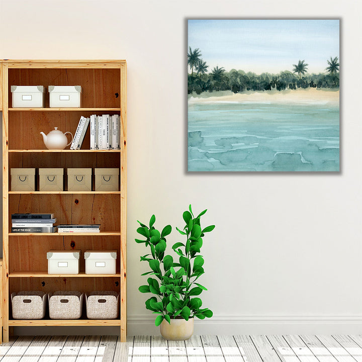 Watercolor art of ocean and green beach for living space