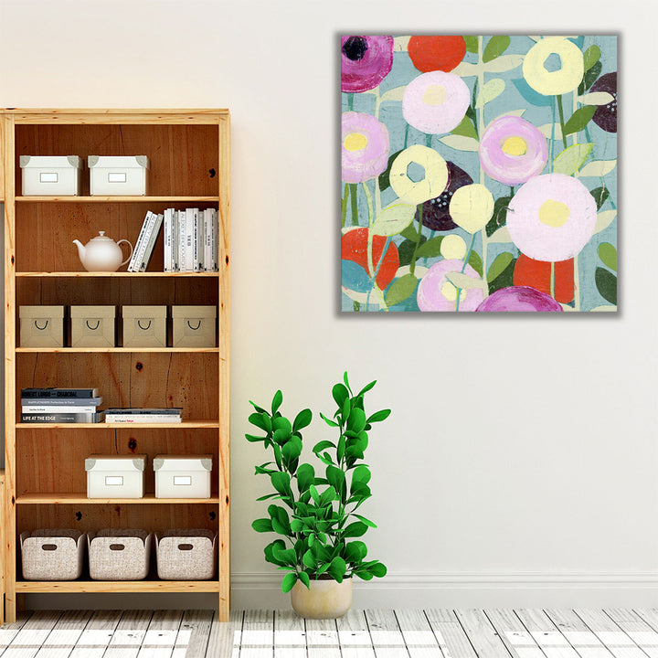 Red green purple poppies on white canvas