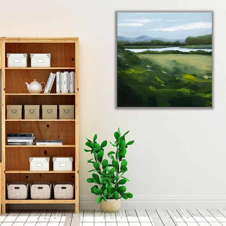 Blue green and neutral wall art with textured style