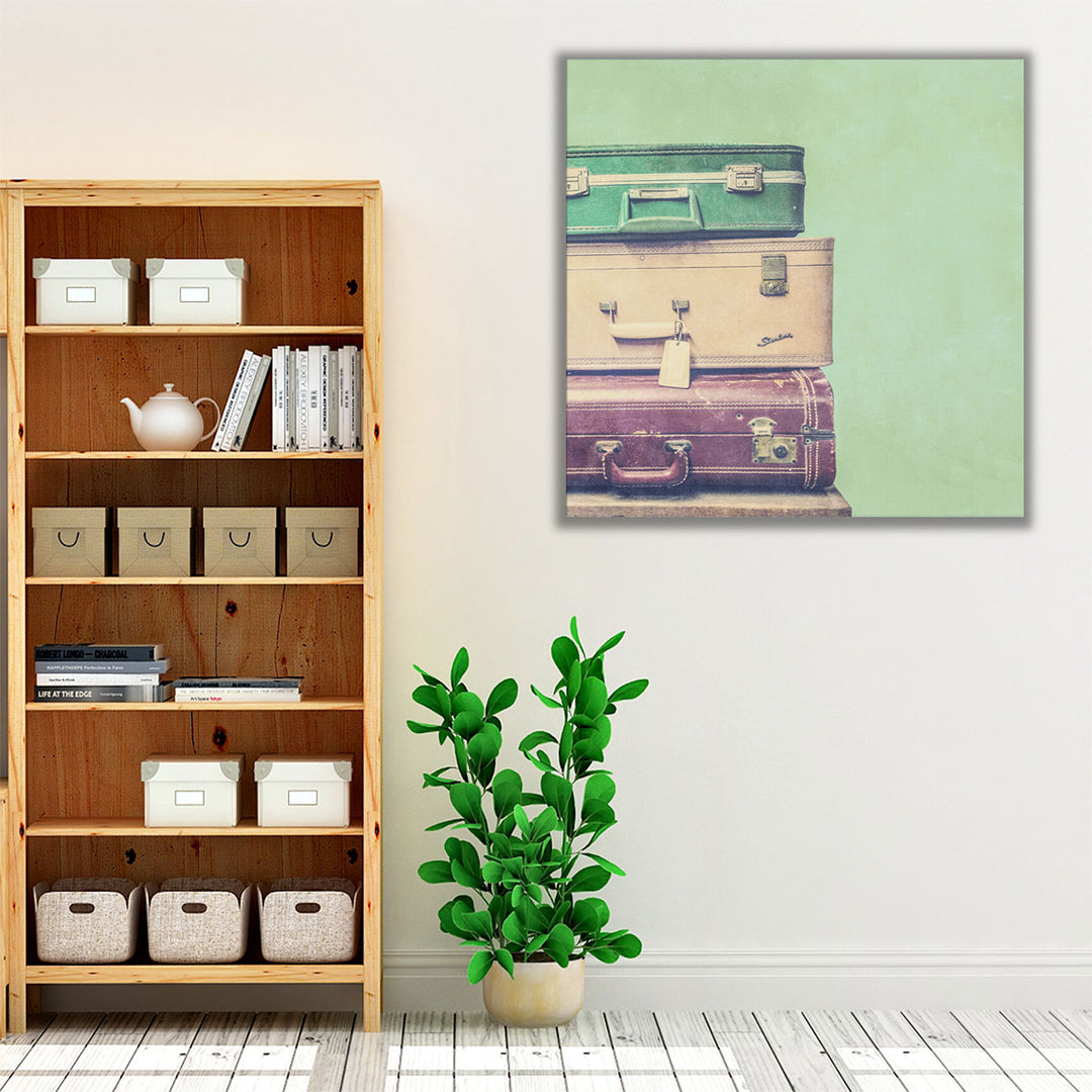 Living room framed art print with suitcase