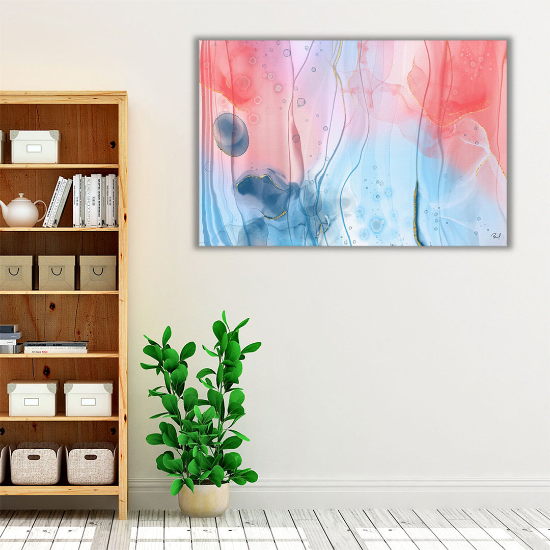 Artistic bedroom decor in red and blue palette