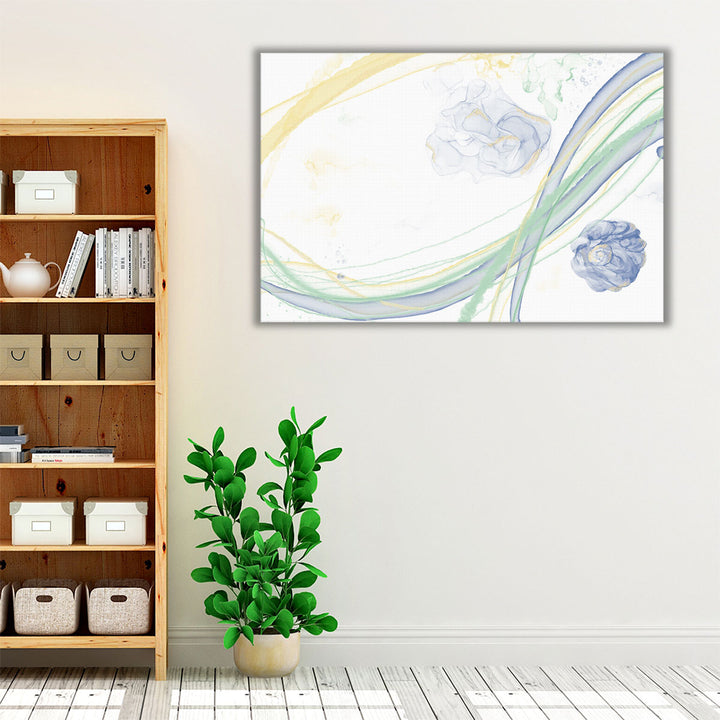 Minimalist blue yellow green strokes on white canvas