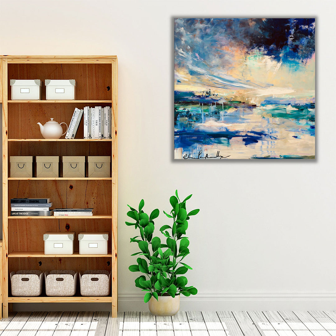 Beige blue living room wrapped canvas