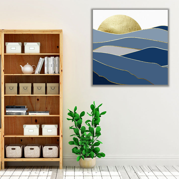 Vibrant gold and navy wall art for living room décor