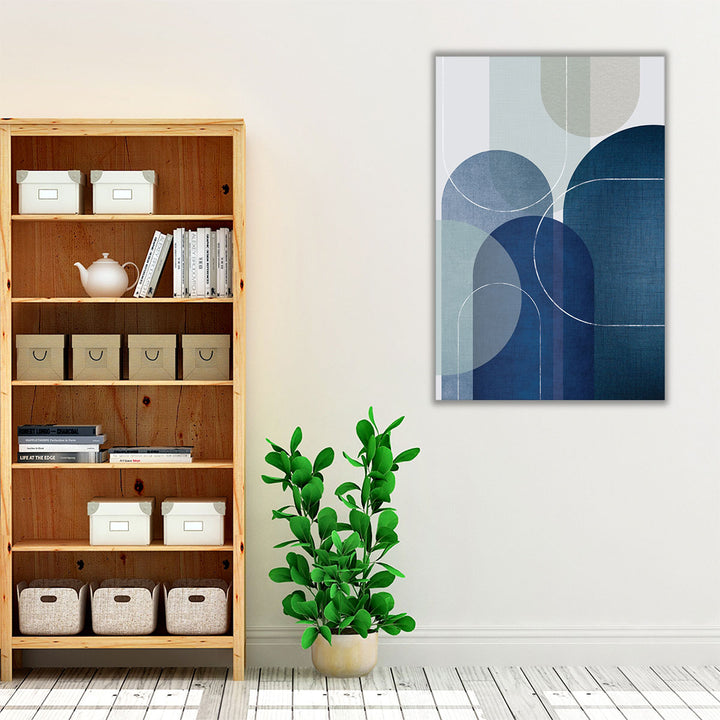 Blue Minimalist Living Room Art – retro-inspired geometric canvas