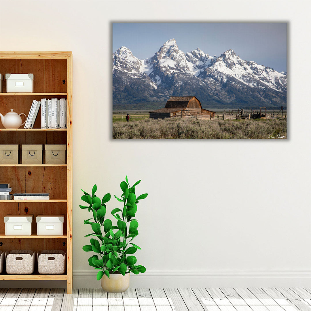 Rustic hallway wall art with barn and mountain views