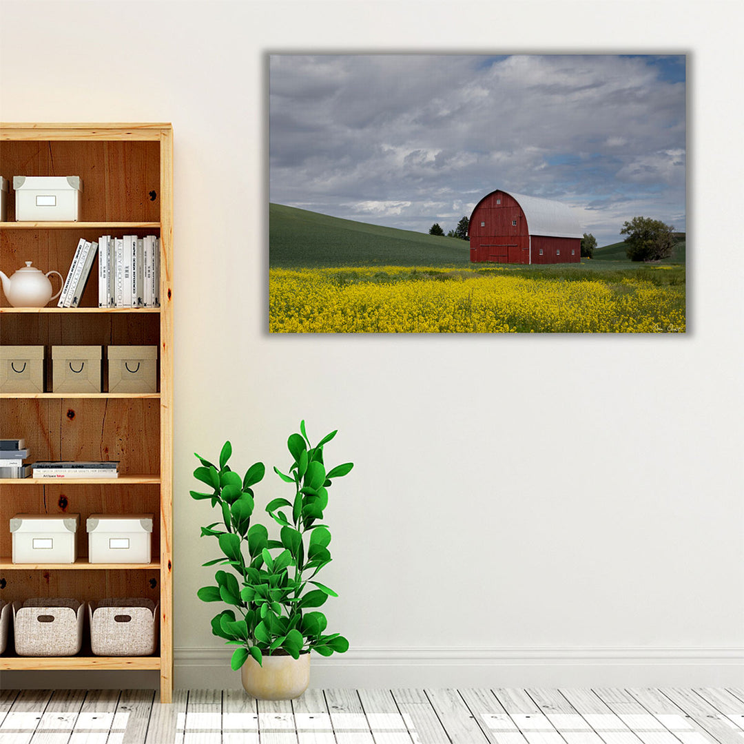Farmhouse hallway wall art with barn and flowers