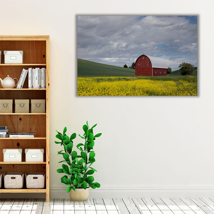 Farmhouse hallway wall art with barn and flowers