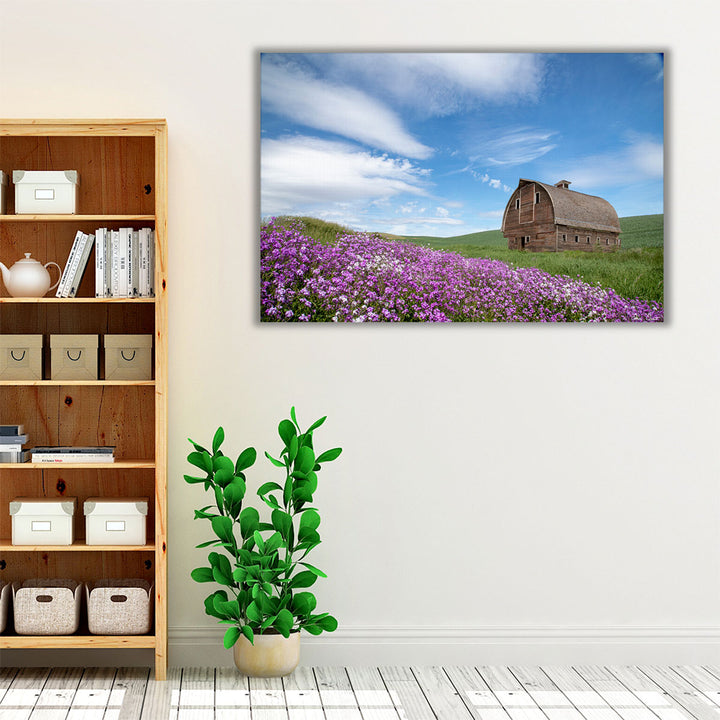 Barn and flower wall art with peaceful sky
