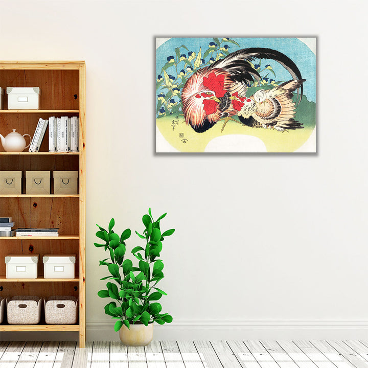 Rooster, Hen and Chicken with Spiderwort (1830-1833) - Canvas Print Wall Art