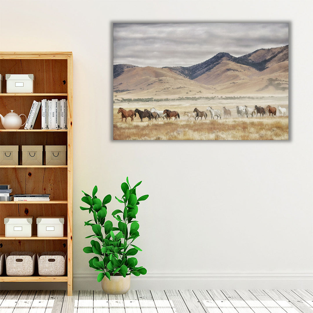 Scenic artwork with mountains and horses