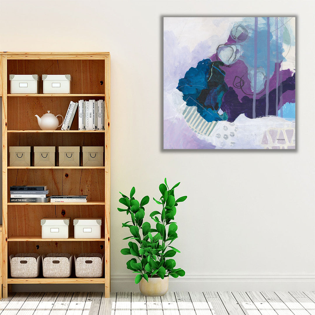 Hallway artwork with purple and white contrast