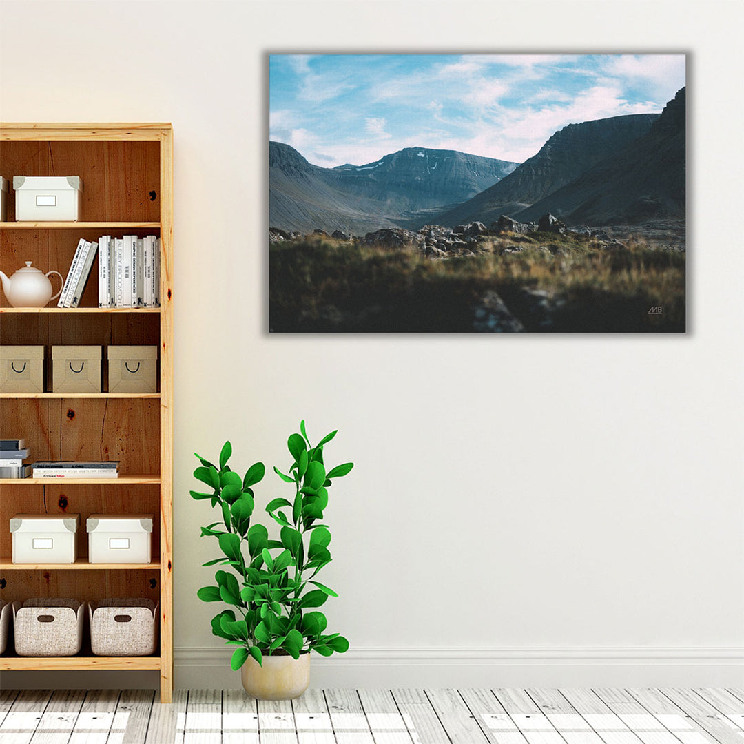 Black blue and neutral wall art with natural mountain scene