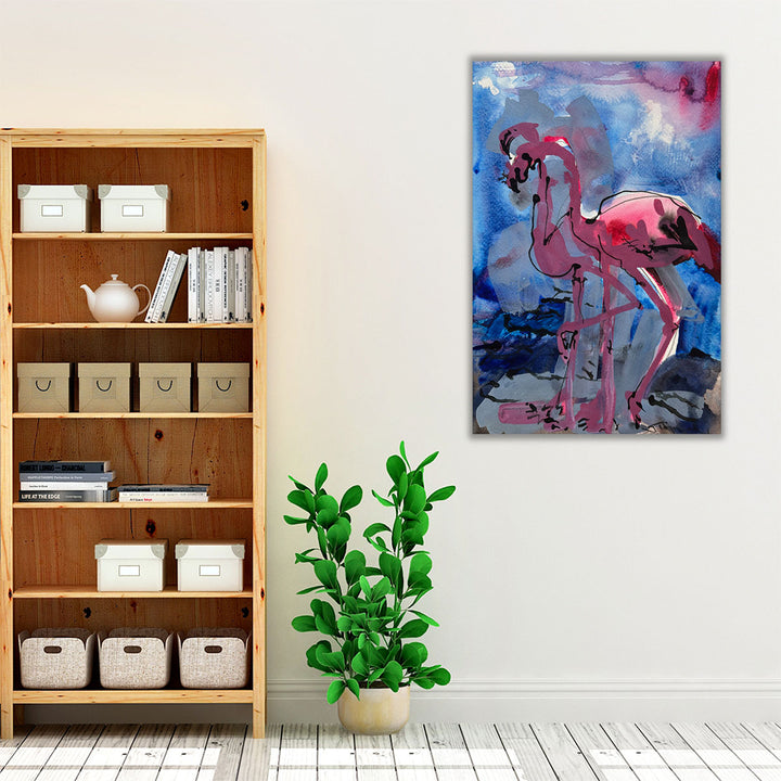 Blue and pink hallway artwork with birds