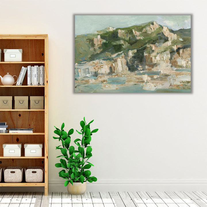 Green and neutral wall art with mountain forms