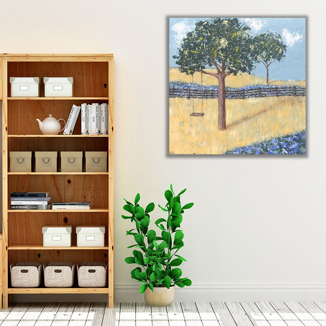 Farmhouse wall art with yellow, blue, and green tones