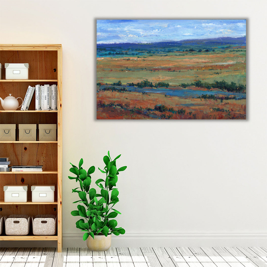 Blue and brown abstract art with meadow scene