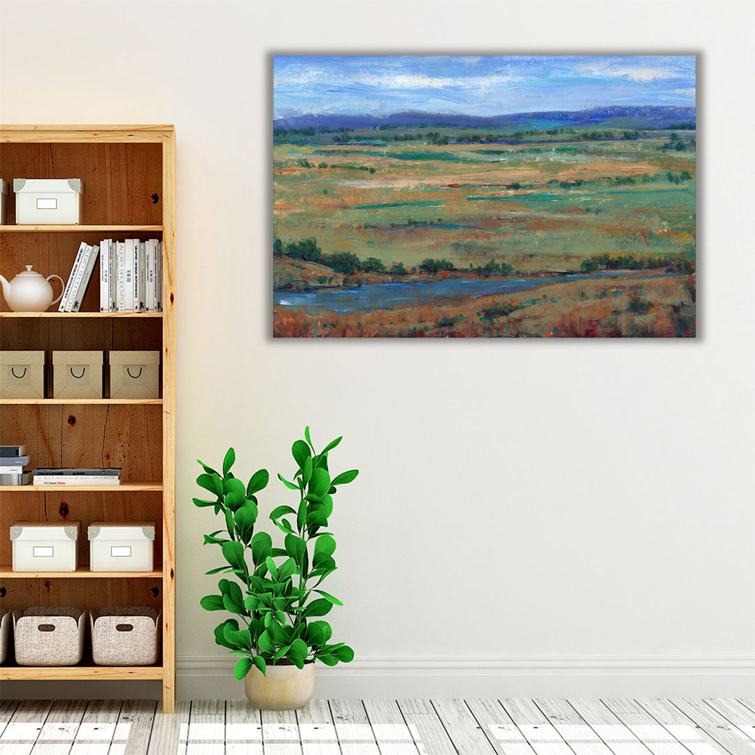 Blue green and brown tones in abstract painting