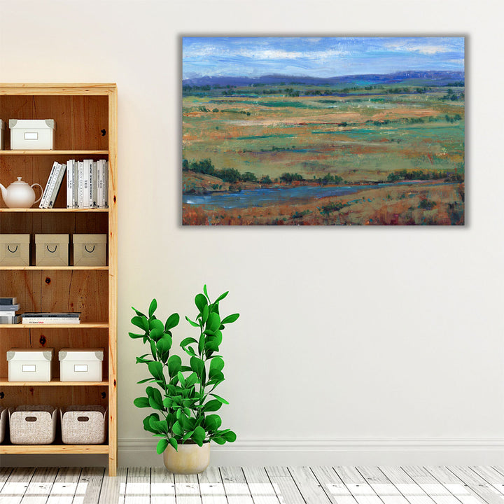 Blue green and brown tones in abstract painting