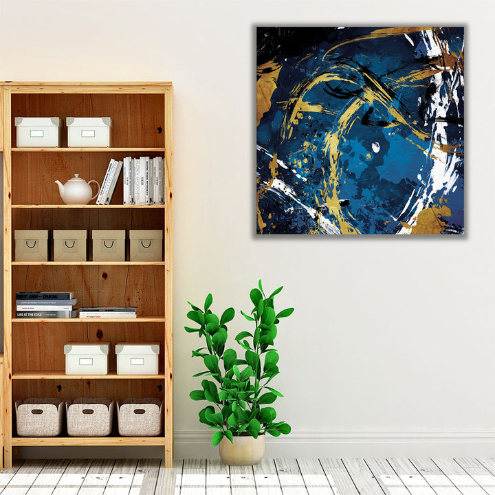 Blue Gold Living Room Art – marble-inspired abstract with rich color palette